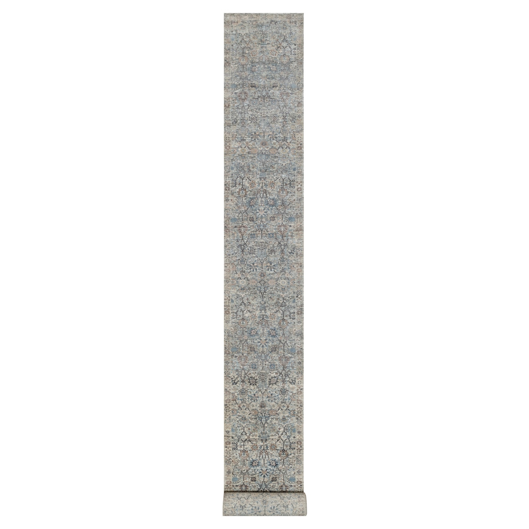 2'7"x25'9" Daisy White, Soft Pile, Sickle Leaf Design, Silk with Textured Wool, Hand Knotted, XL Runner, Oriental Rug 